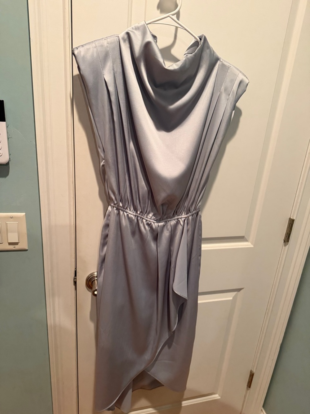 entro Silver Satin Cowl-Neck Midi Dress